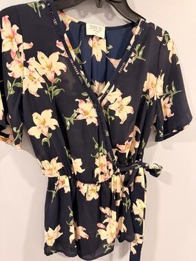 Sienna Sky Navy Wrap Top with Cream Floral Print